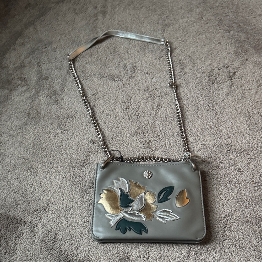 Anne Klein Megyn Gray Leather Crossbody Bag Chain Strap Floral Shoulder Purse